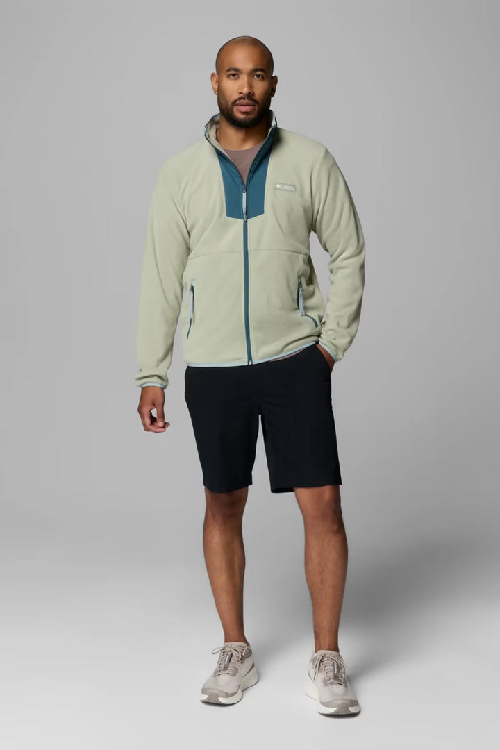 Light green full-zip fleece jacket with blue trim and zip pockets