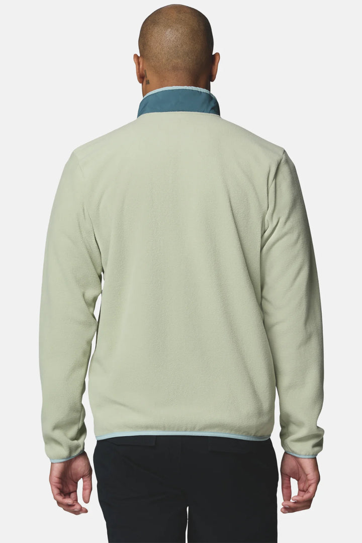 Back view of light green full-zip fleece jacket with stand collar