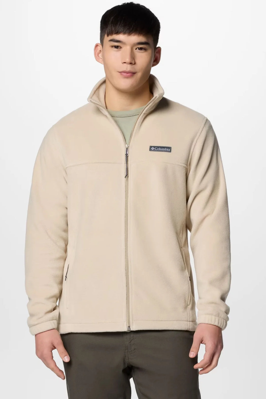 Beige fleece full-zip jacket with stand collar and front zipper