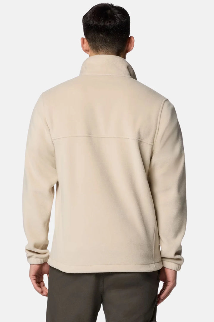 Beige fleece full-zip jacket back view with center seam and stand collar