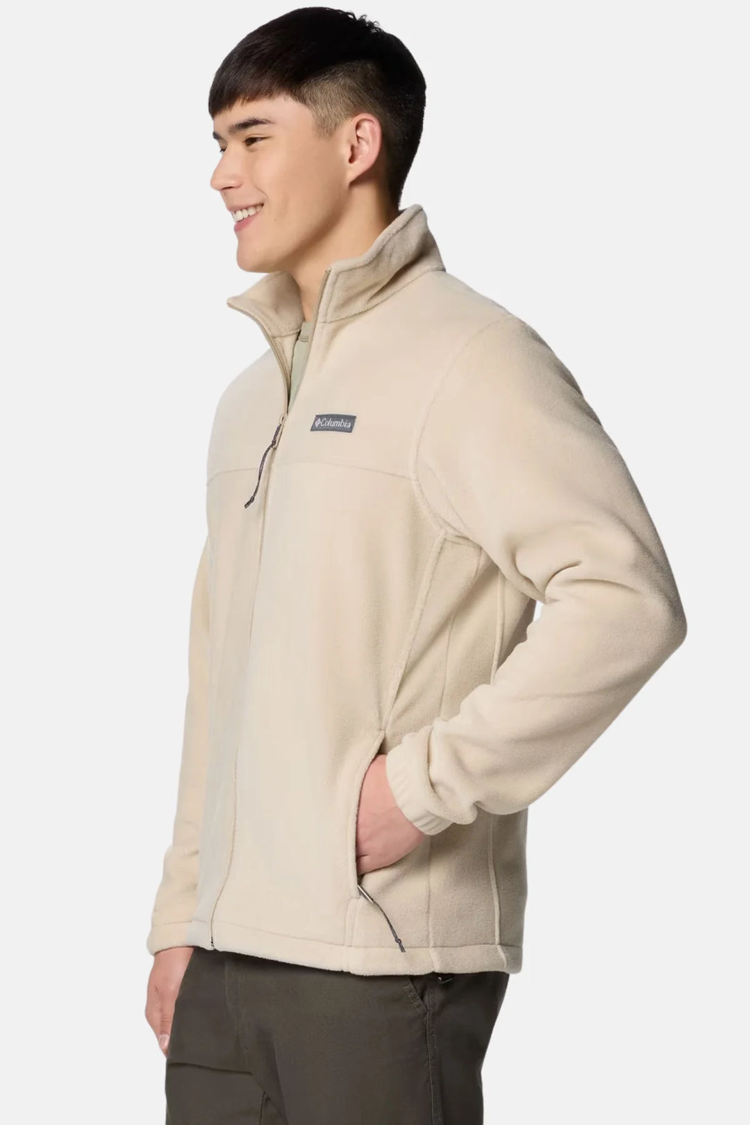 Beige fleece full-zip jacket with side seam pockets and zip front