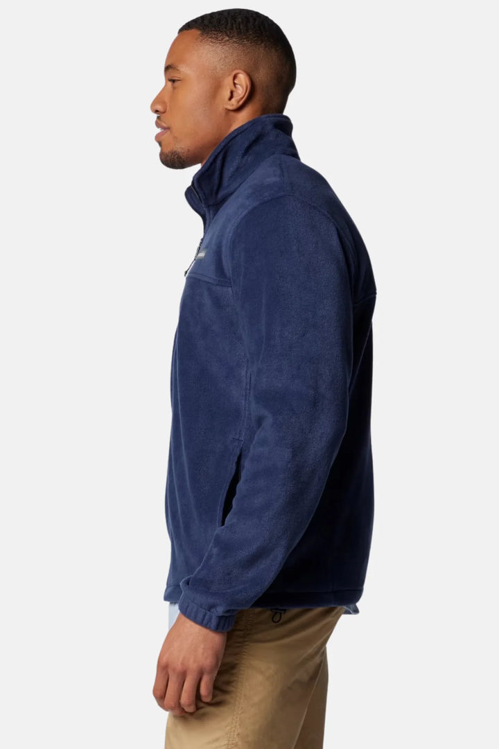 Columbia full-zip fleece jacket in collegiate navy, side view with stand collar