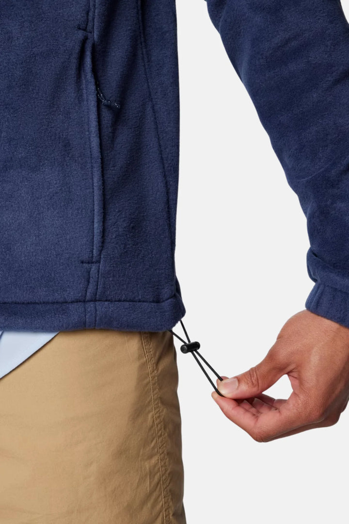 Columbia fleece jacket hem with adjustable drawcord, front zip and sleeves