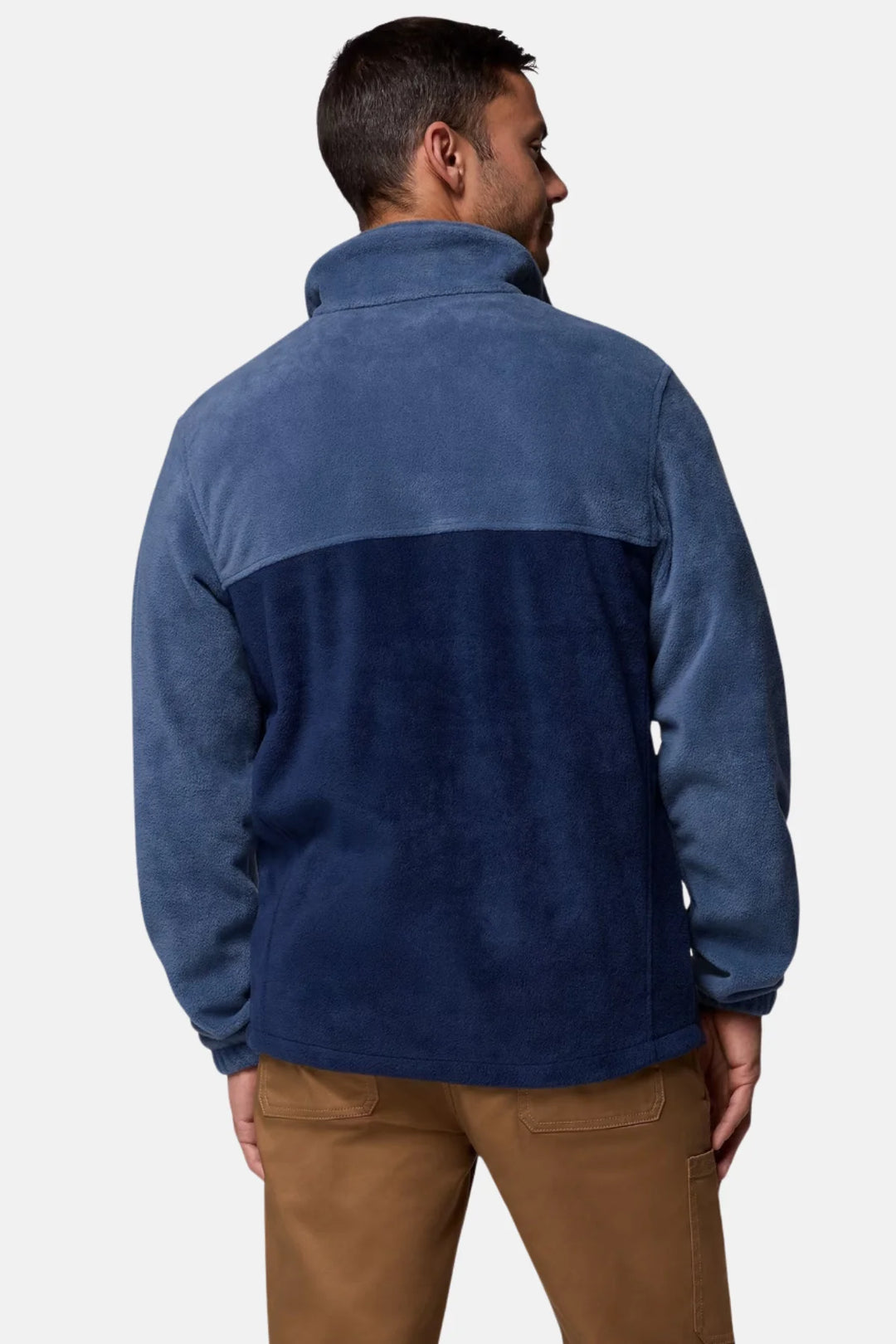 Men's fleece full-zip jacket, back view in navy with contrast panels
