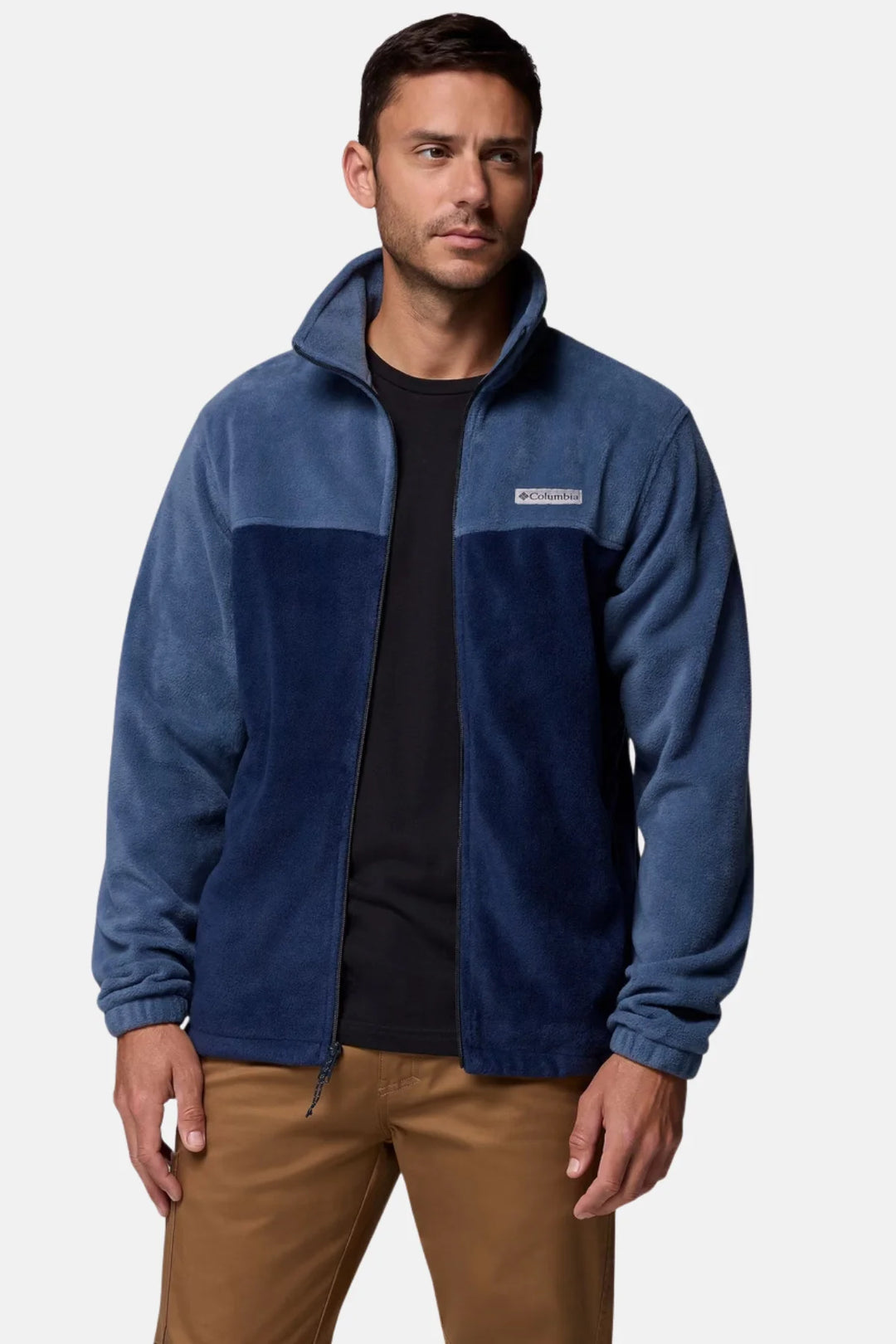 Men's fleece full-zip jacket with two-tone navy panels and chest logo patch