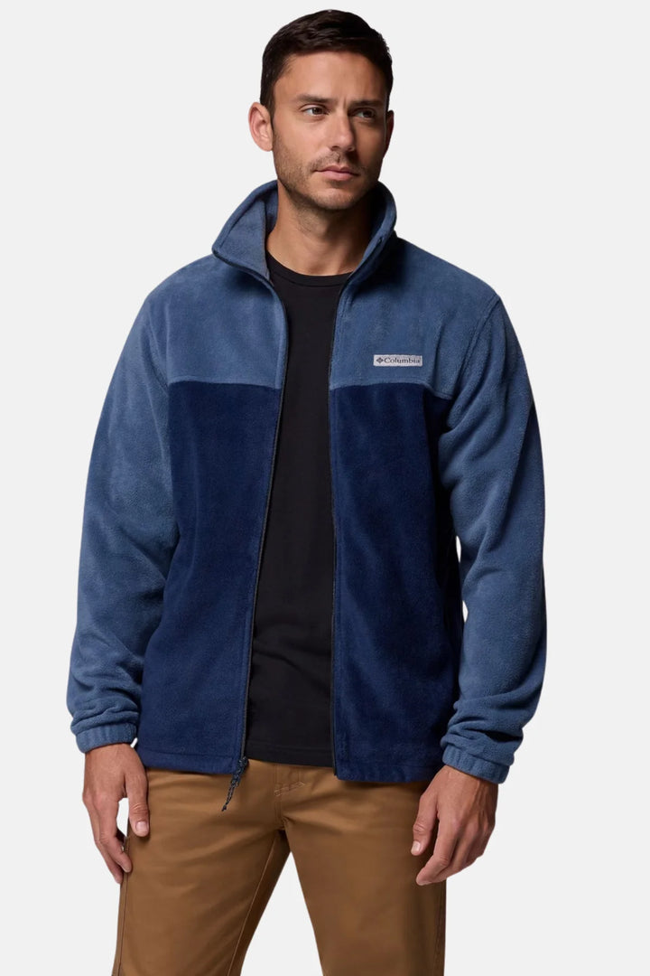 Men's fleece full-zip jacket with two-tone navy panels and chest logo patch
