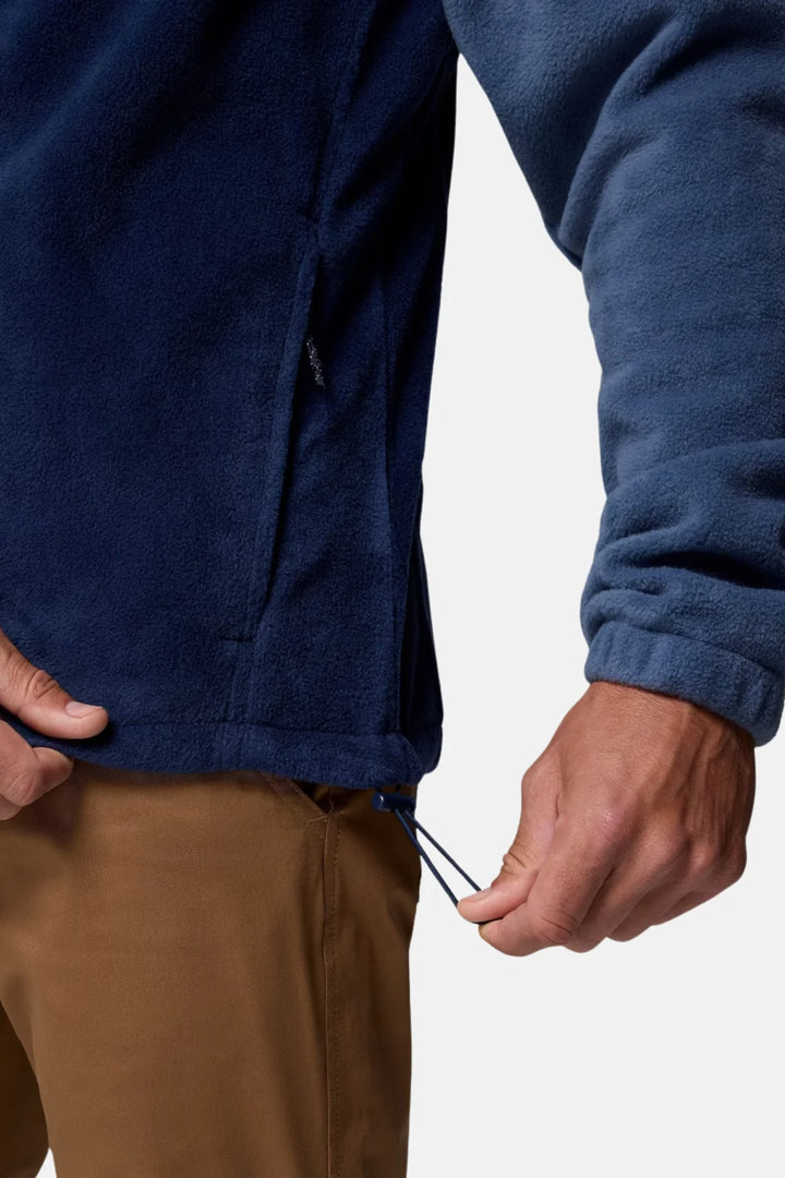 Men's fleece full-zip jacket detail, navy hem and zip placket