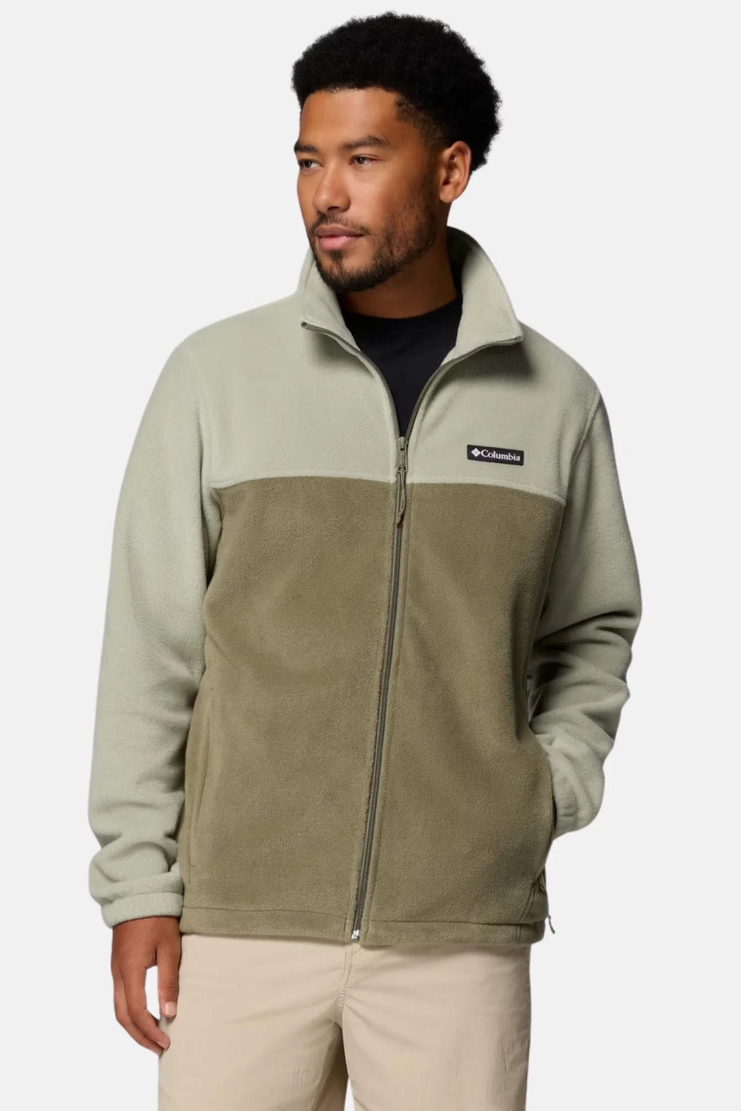 Men's full-zip fleece jacket in light green and olive, zip-front, stand collar