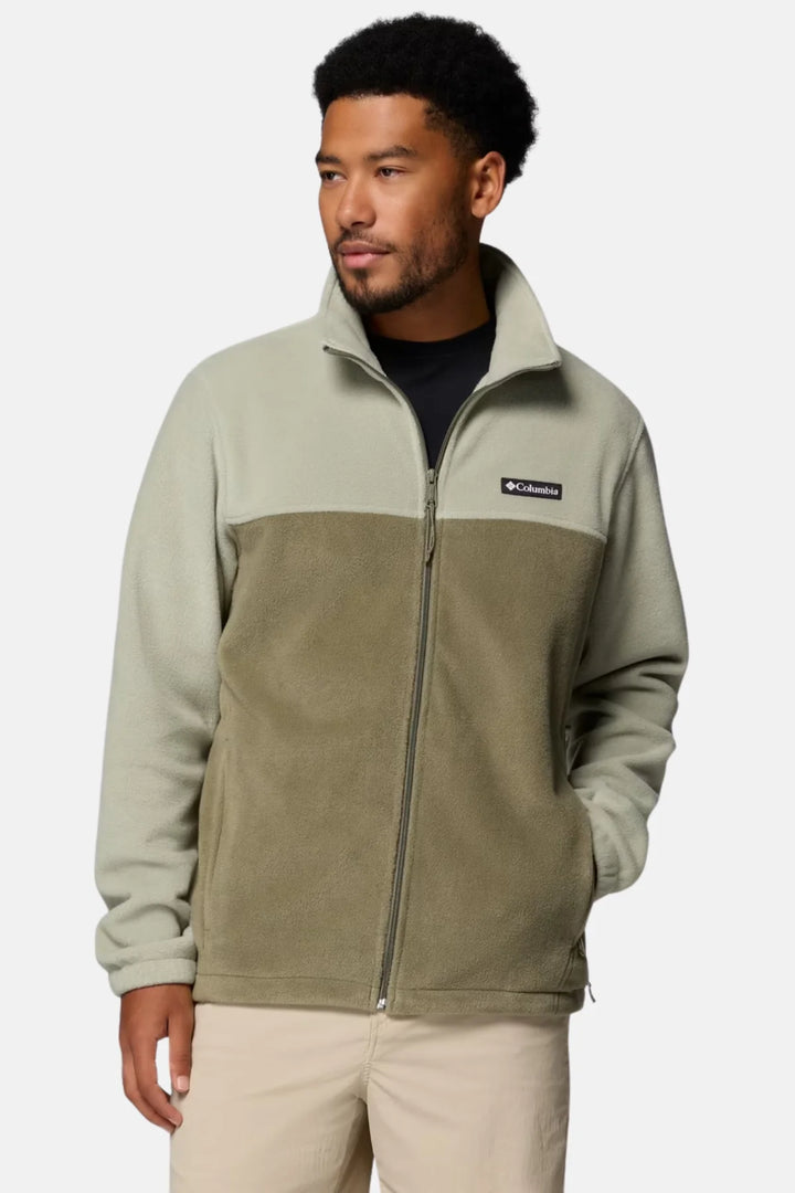 Men's full-zip fleece jacket in light green and olive, zip-front, stand collar