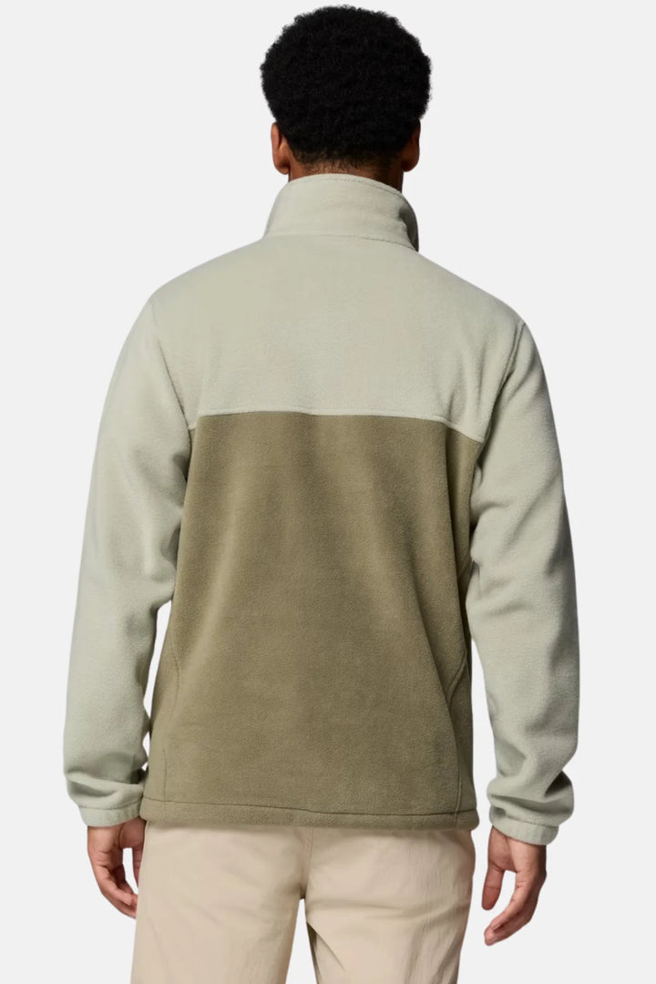 Men's full-zip fleece jacket back view, light green and olive colorblock, stand collar