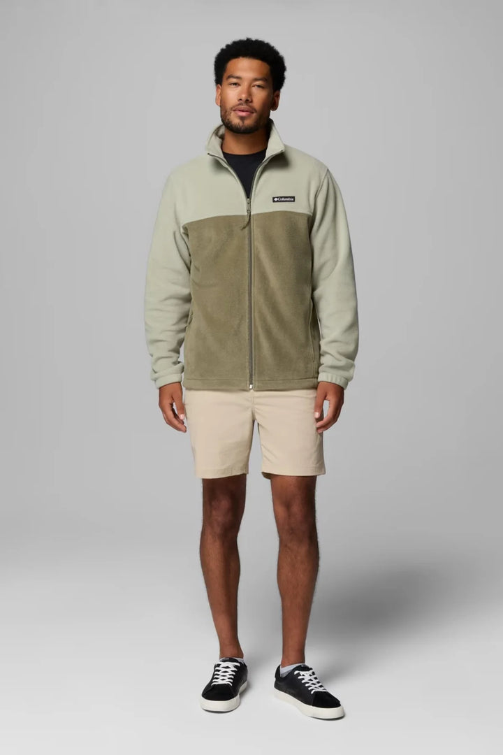 Men's full-zip fleece jacket, light green and olive colorblock, zip-front, stand collar