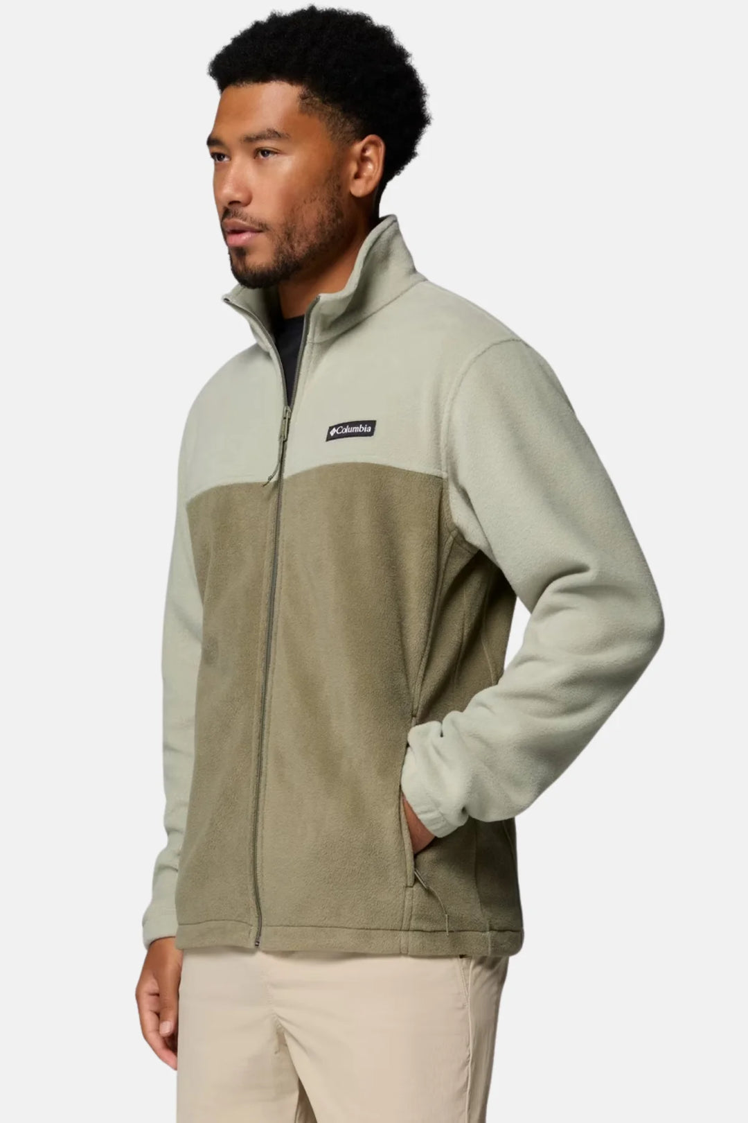 Men's full-zip fleece jacket in light green and olive, zip-front, logo at chest