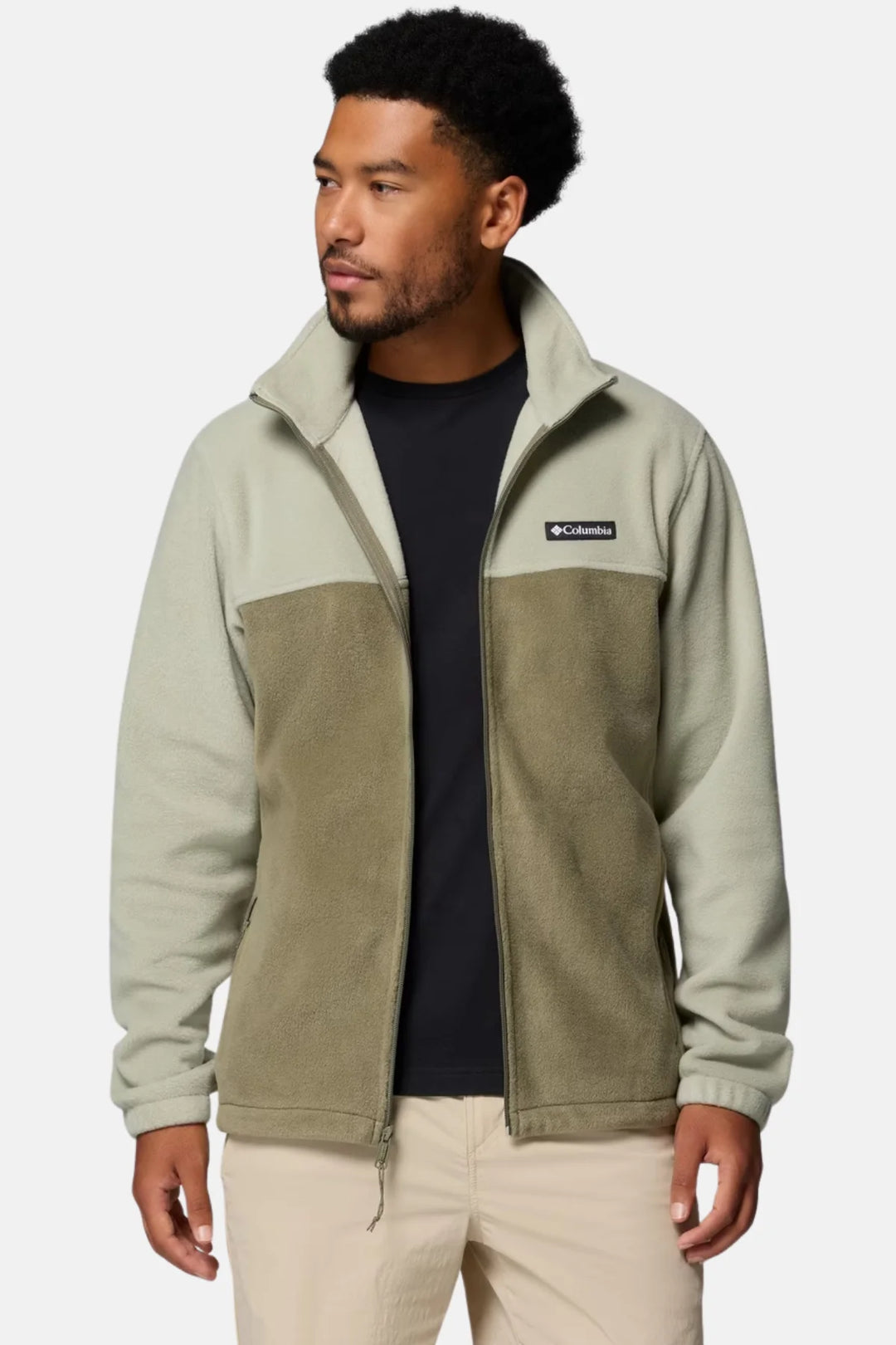 Men's full-zip fleece jacket in light green and olive panels, zip-front, side pockets