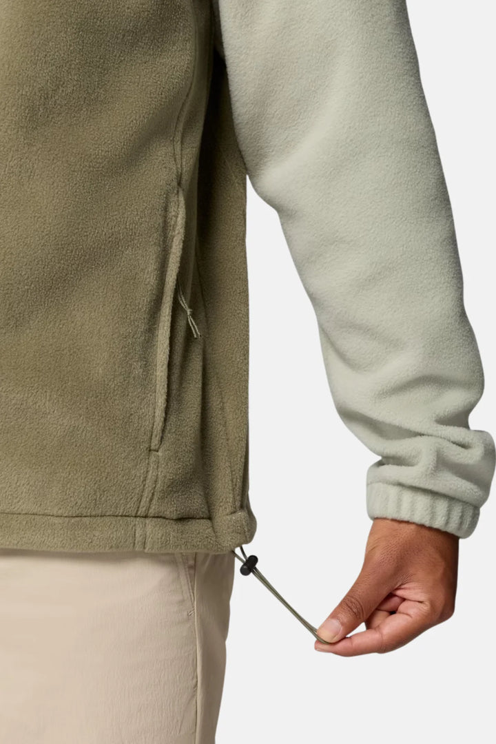 Fleece jacket cuffs and hem detail with drawcord, light green and olive two-tone