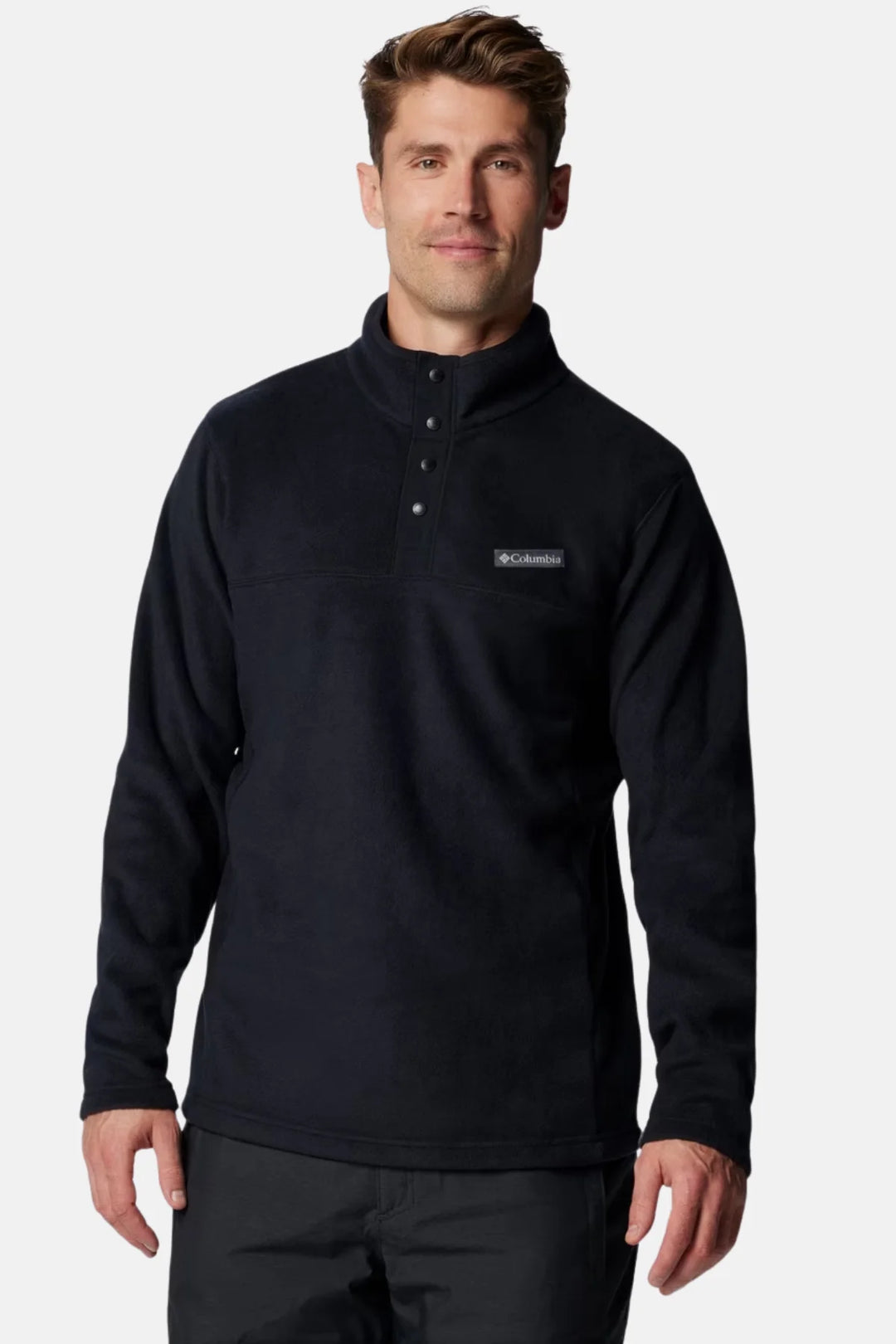 Men's black half-snap fleece pullover with mock neck and chest logo