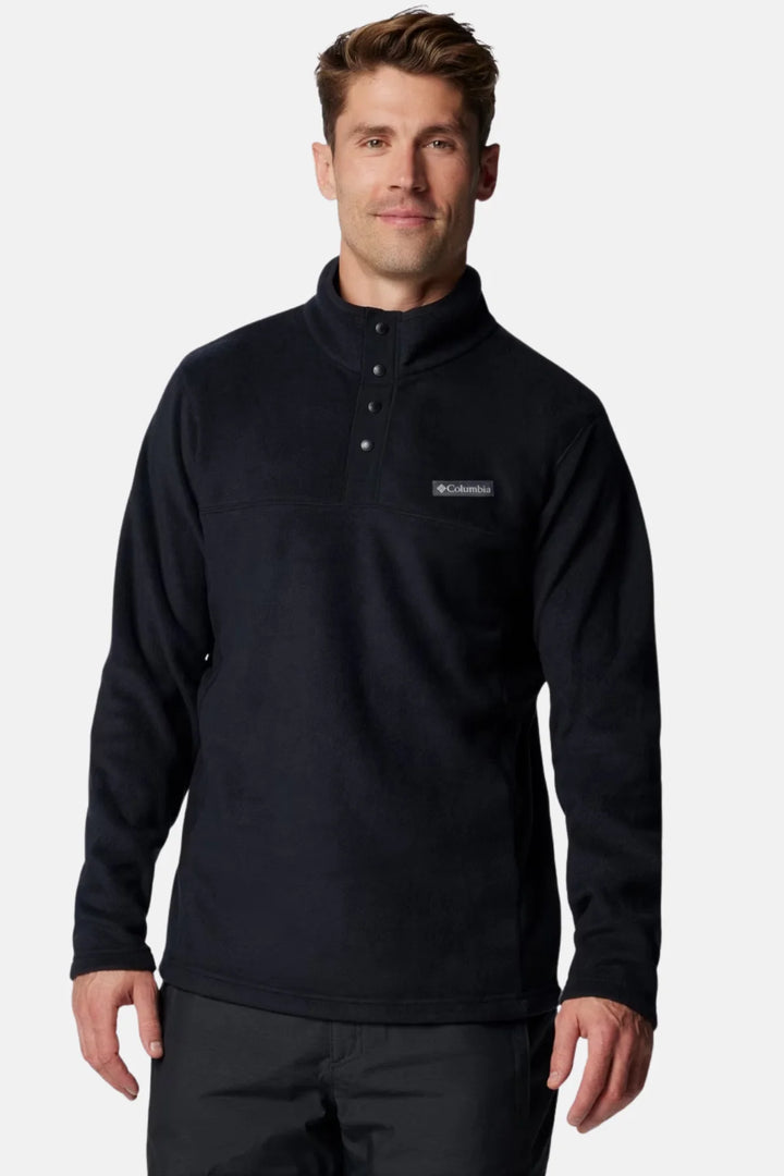 Men's black half-snap fleece pullover with mock neck and chest logo