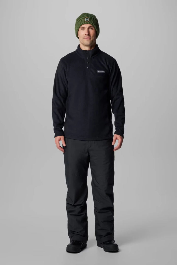 Men's black half-snap fleece pullover, front view with buttoned collar