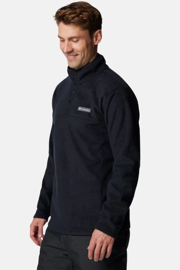 Men's black half-snap fleece pullover side view with chest logo