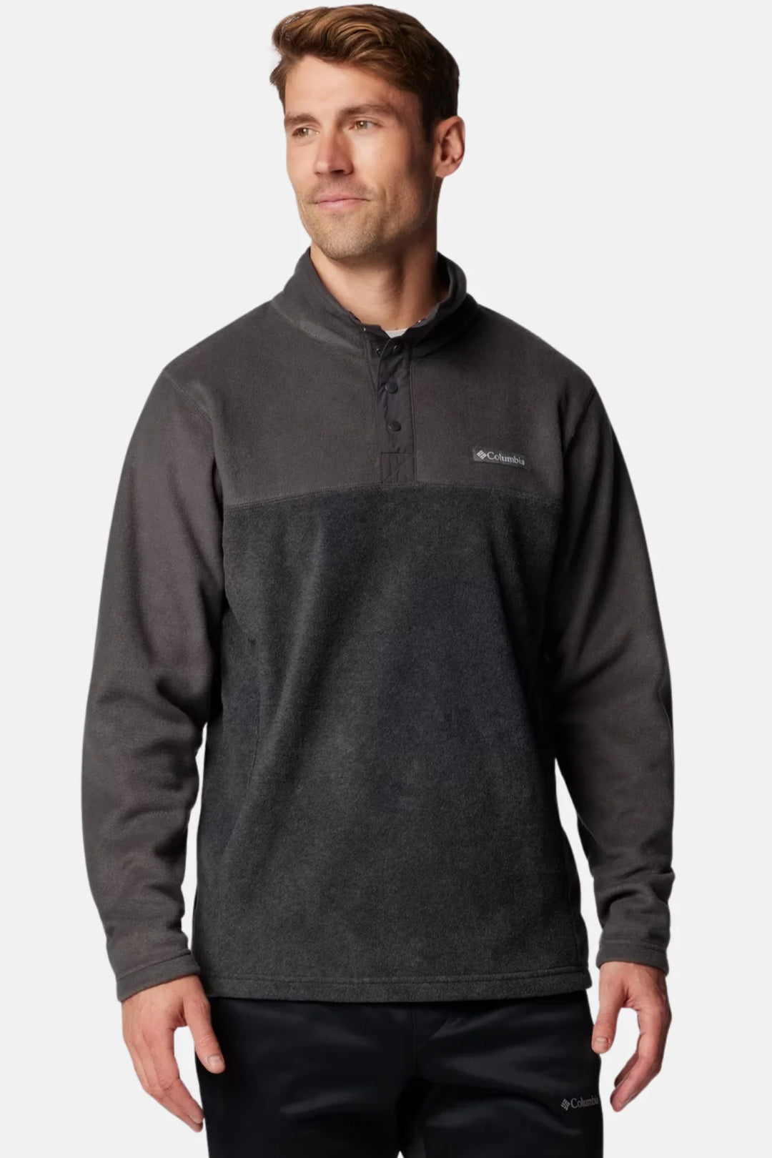 Charcoal heather fleece half-snap pullover with Columbia logo on chest
