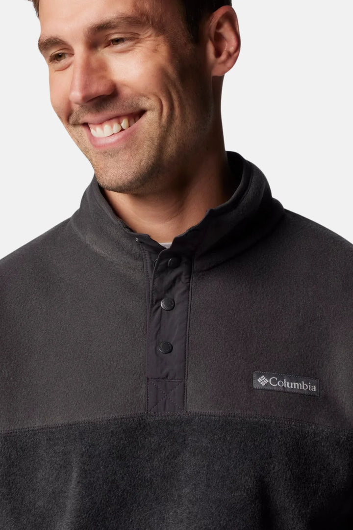 Charcoal fleece half-snap pullover, button placket and Columbia logo detail