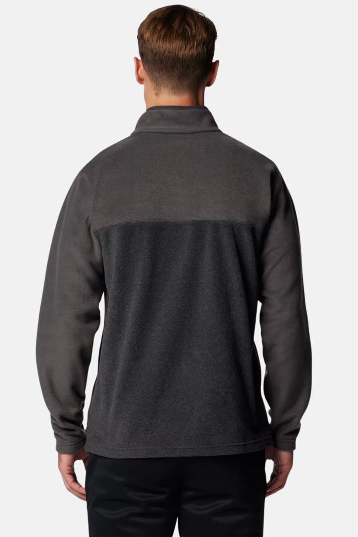 Charcoal heather half-snap fleece top, rear view