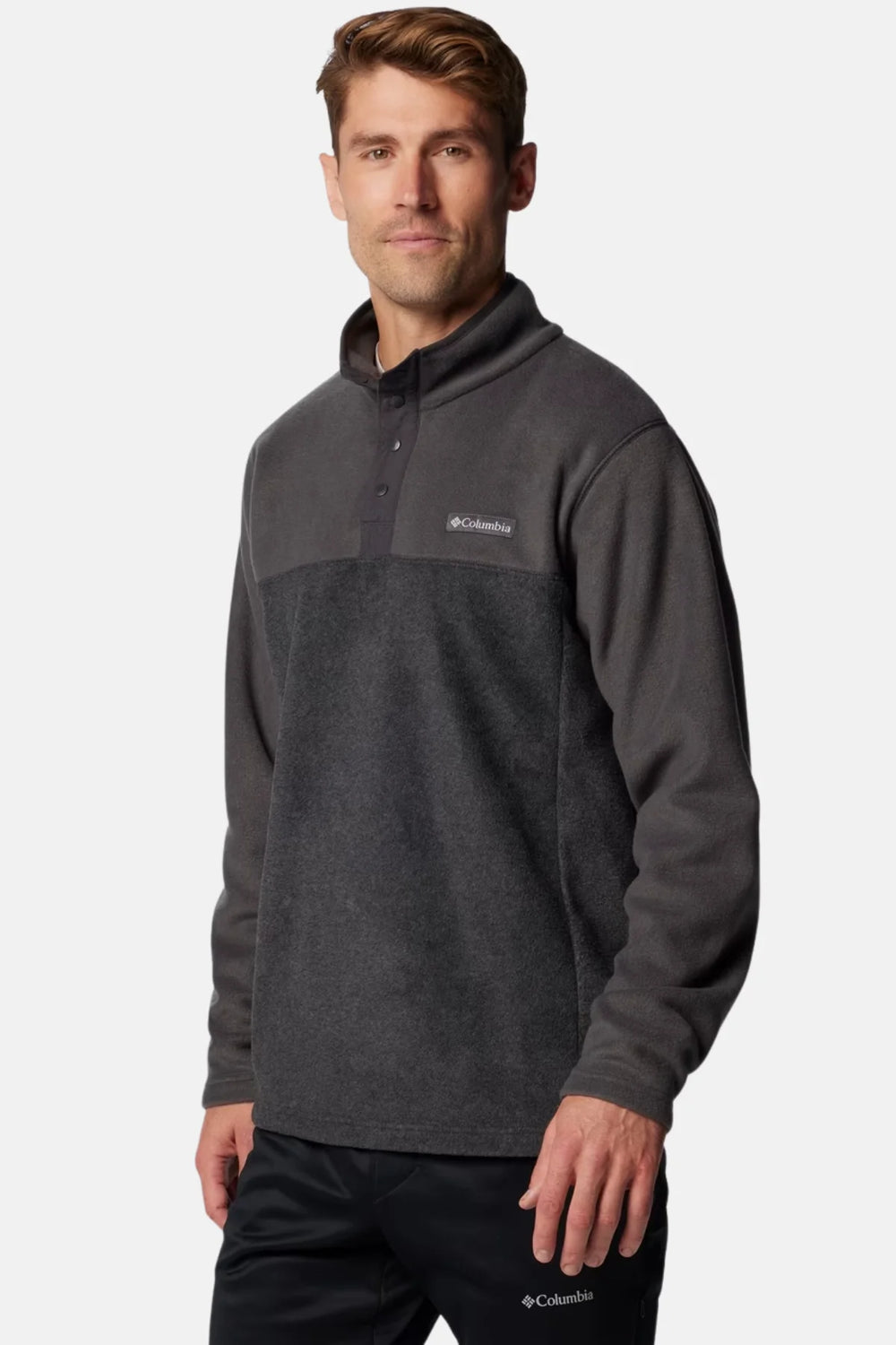 Charcoal heather half-snap fleece top with embroidered chest logo