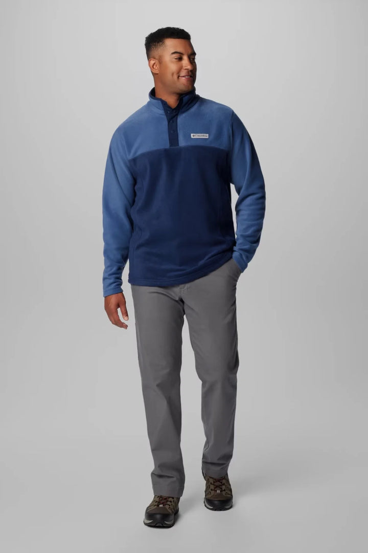 Men's blue fleece half-snap pullover with dark center panel