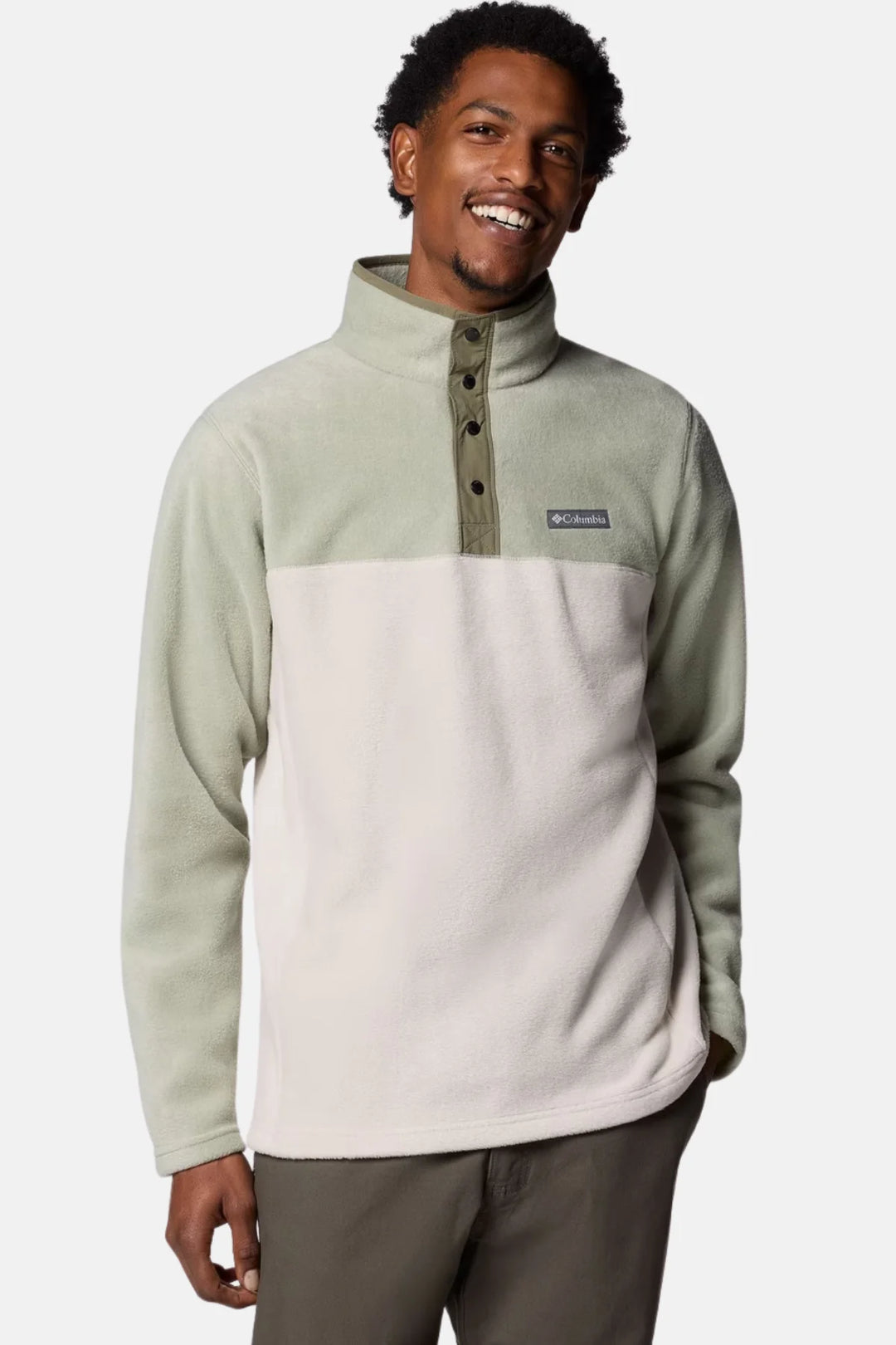Two-tone fleece half-snap pullover top, sage green and light cream, stand collar