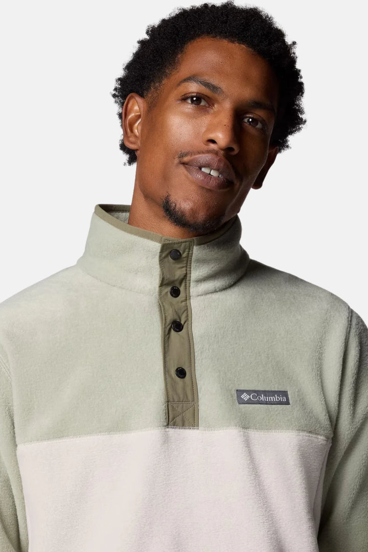 Two-tone fleece half-snap top with button placket, sage and light cream, chest logo