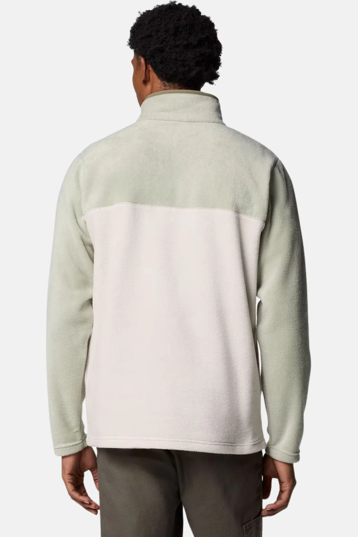 Two-tone fleece half-snap pullover, sage green back and light cream lower panel