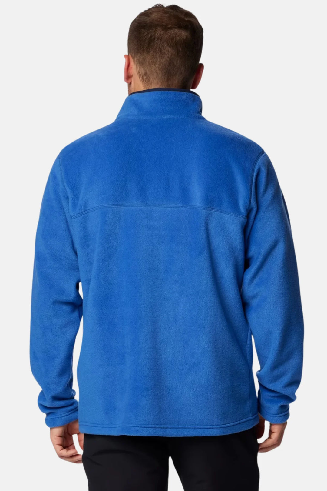 Blue men’s fleece top back view with stand collar and full-length sleeves