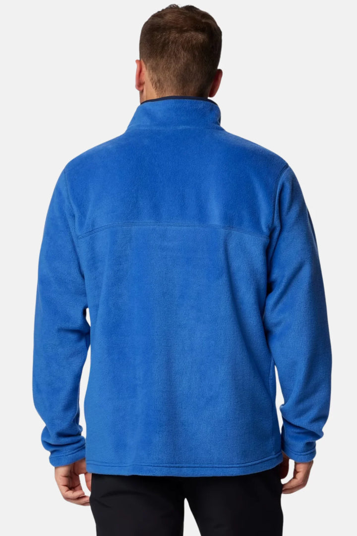 Blue men’s fleece top back view with stand collar and full-length sleeves