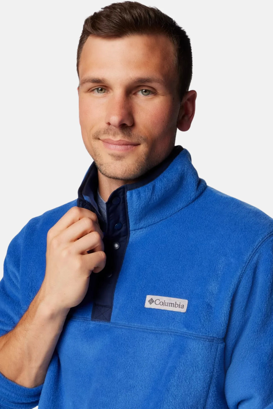 Blue half-snap fleece top collar with dark snap placket and Columbia logo patch