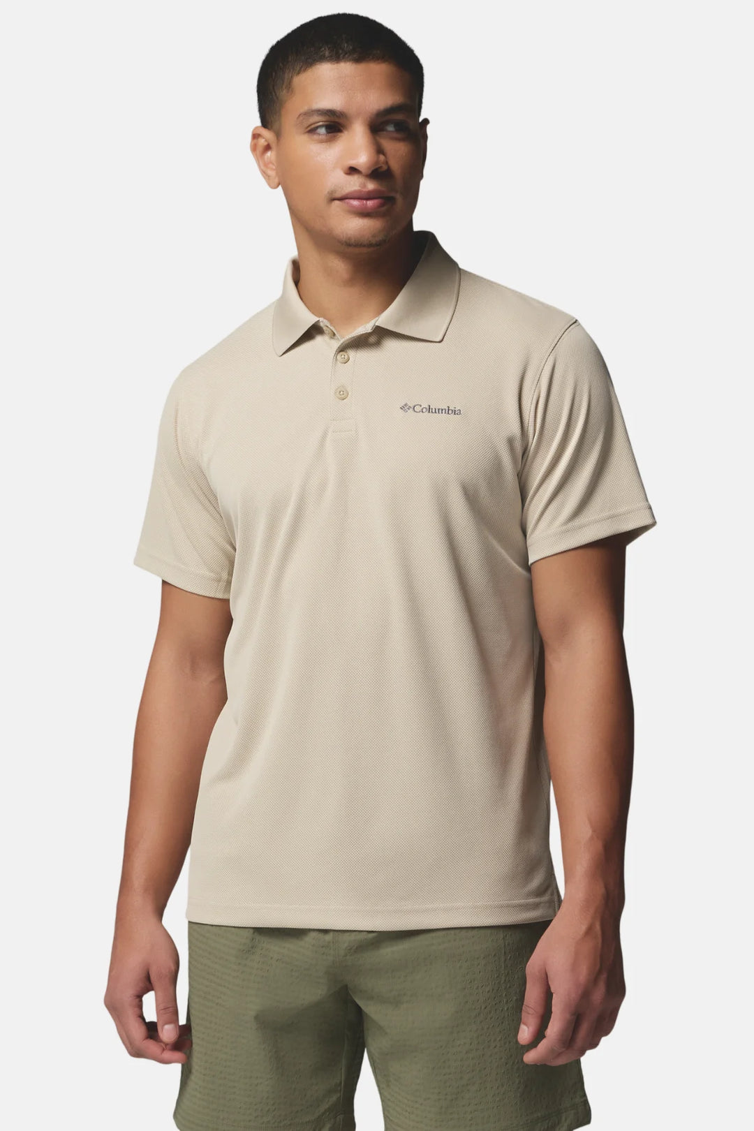 Men's light beige polo shirt with button placket and short sleeves, Columbia logo