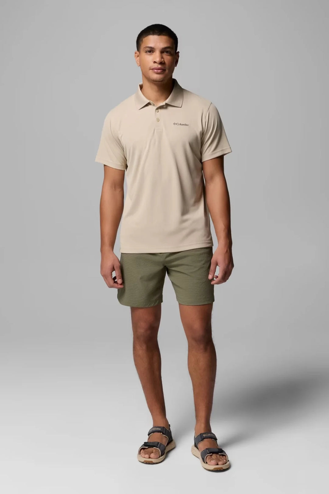 Men's light beige polo shirt with short sleeves and three-button placket