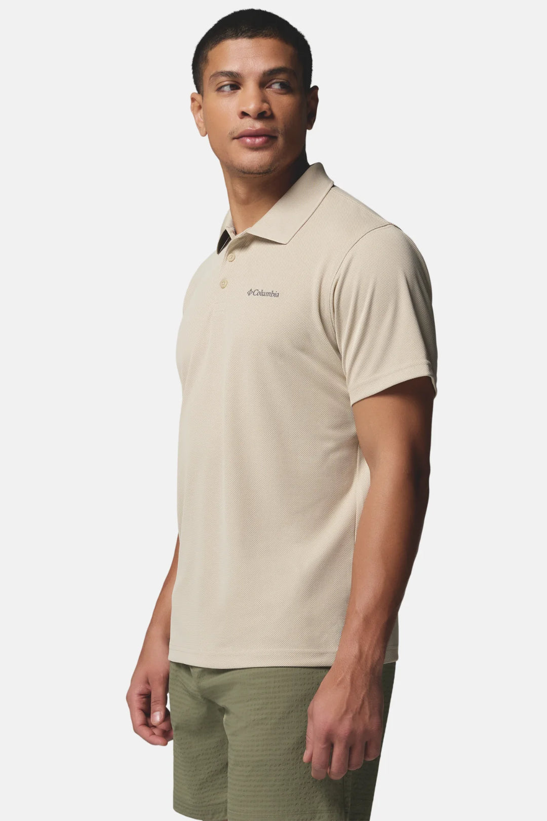Men's light beige polo shirt with short sleeves and embroidered chest logo