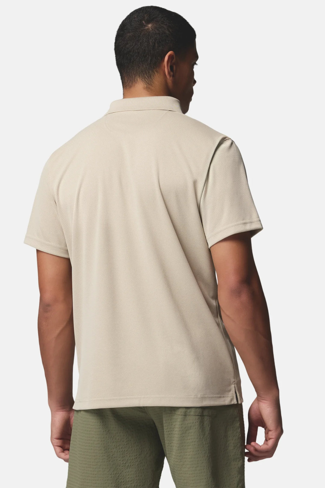 Men's light beige polo shirt back view with short sleeves