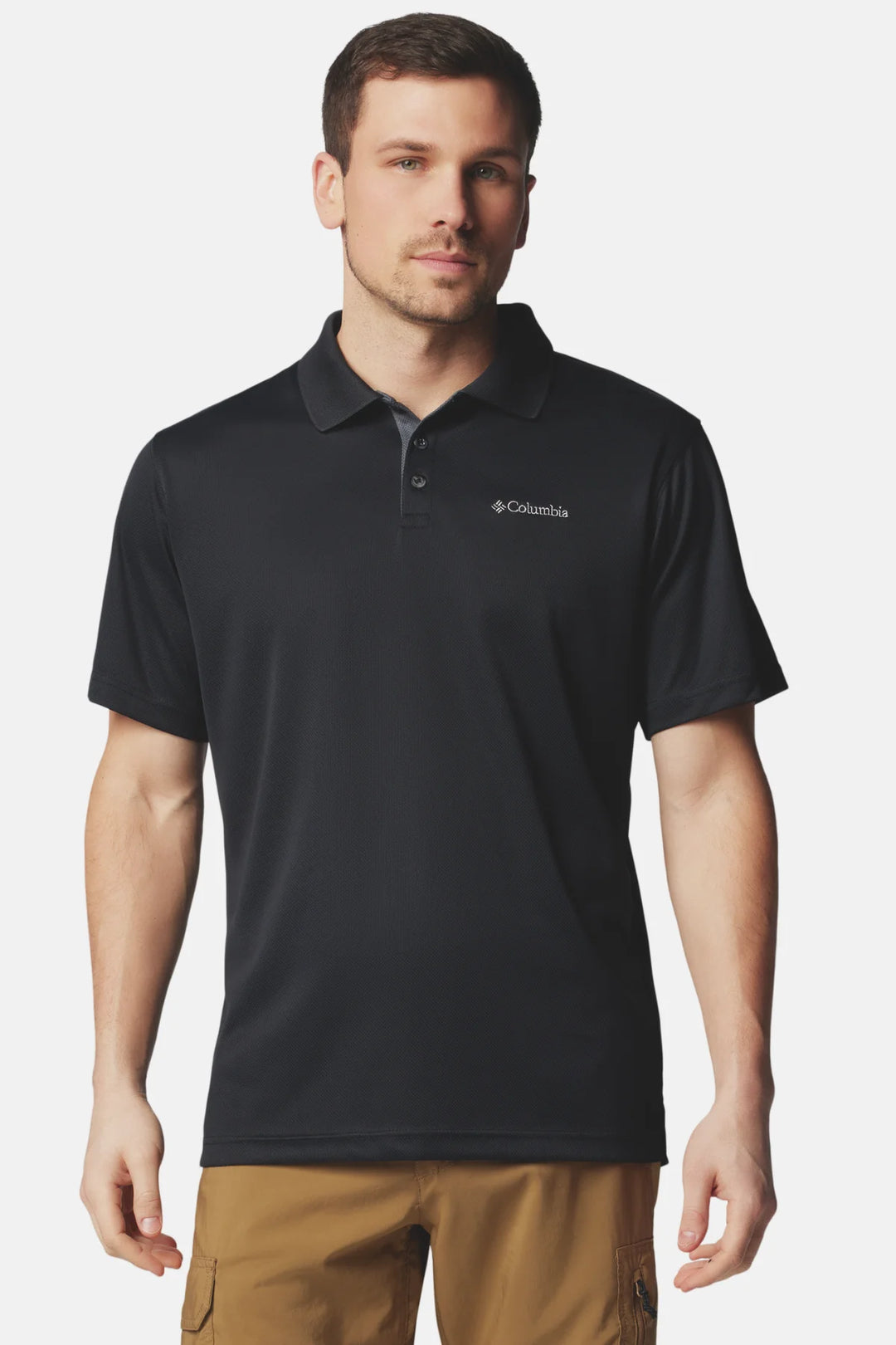 Black Columbia polo shirt with buttoned placket and chest logo