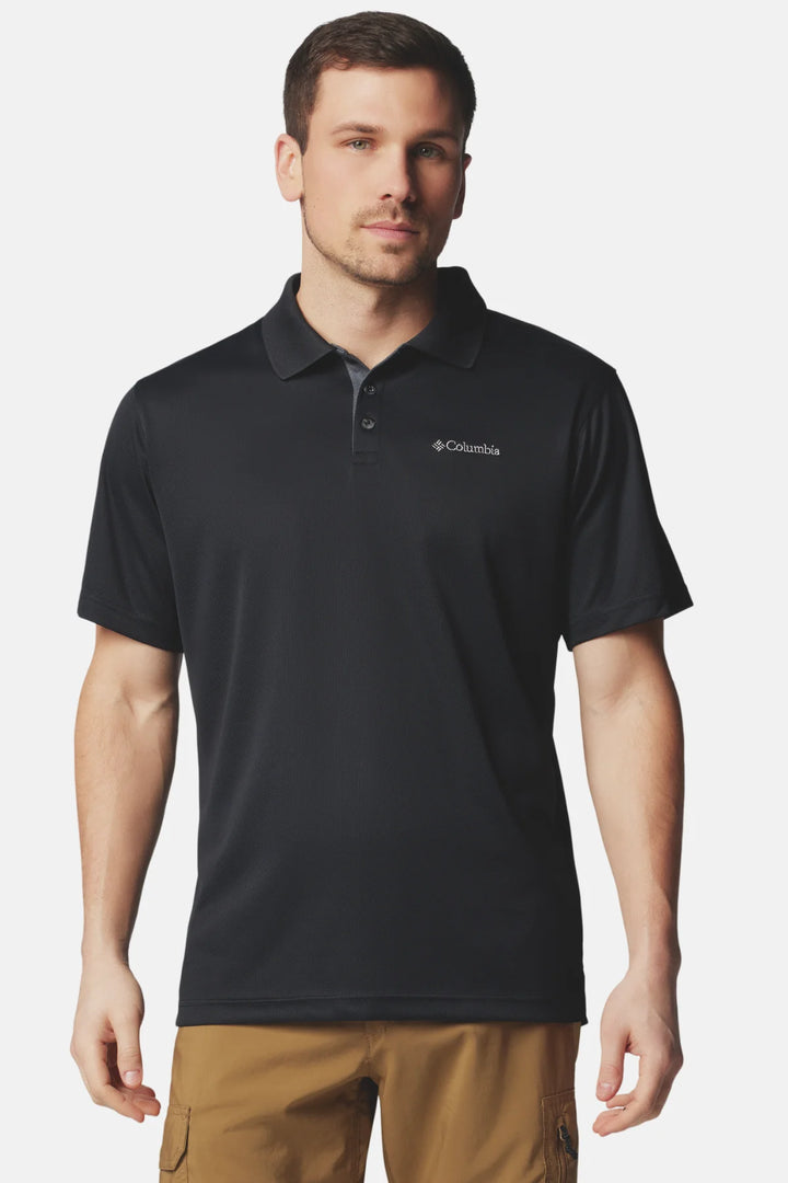 Black Columbia polo shirt with buttoned placket and chest logo