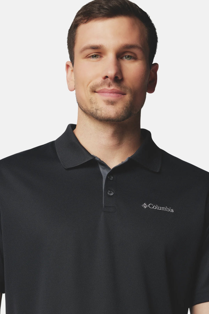 Black Columbia polo shirt with short sleeves and embroidered chest logo