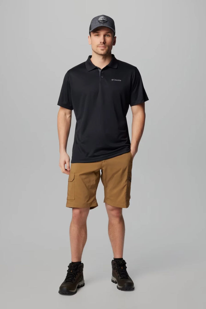 Black Columbia polo shirt with short sleeves and buttoned collar