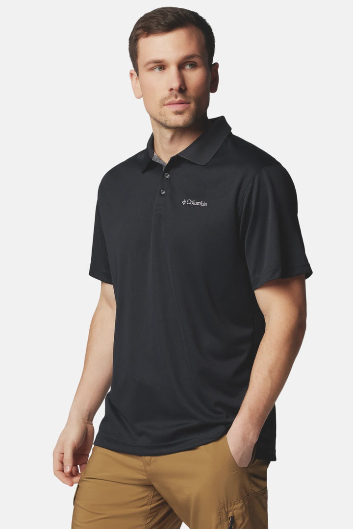 Black Columbia polo shirt with buttoned collar and embroidered chest logo