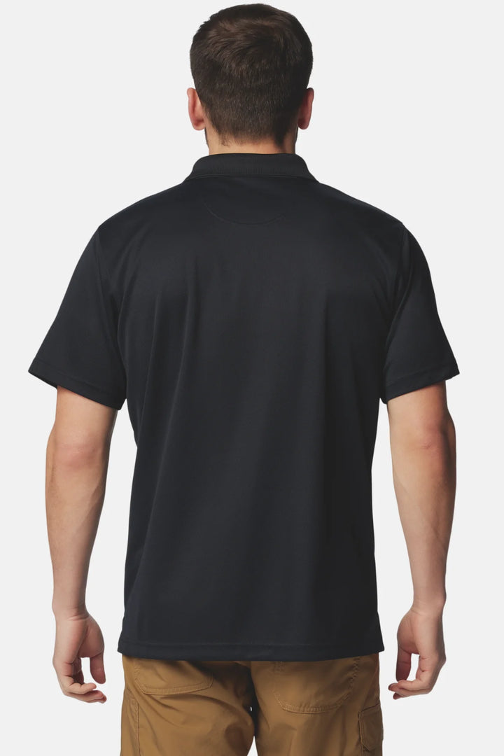 Black Columbia polo shirt back view with short sleeves