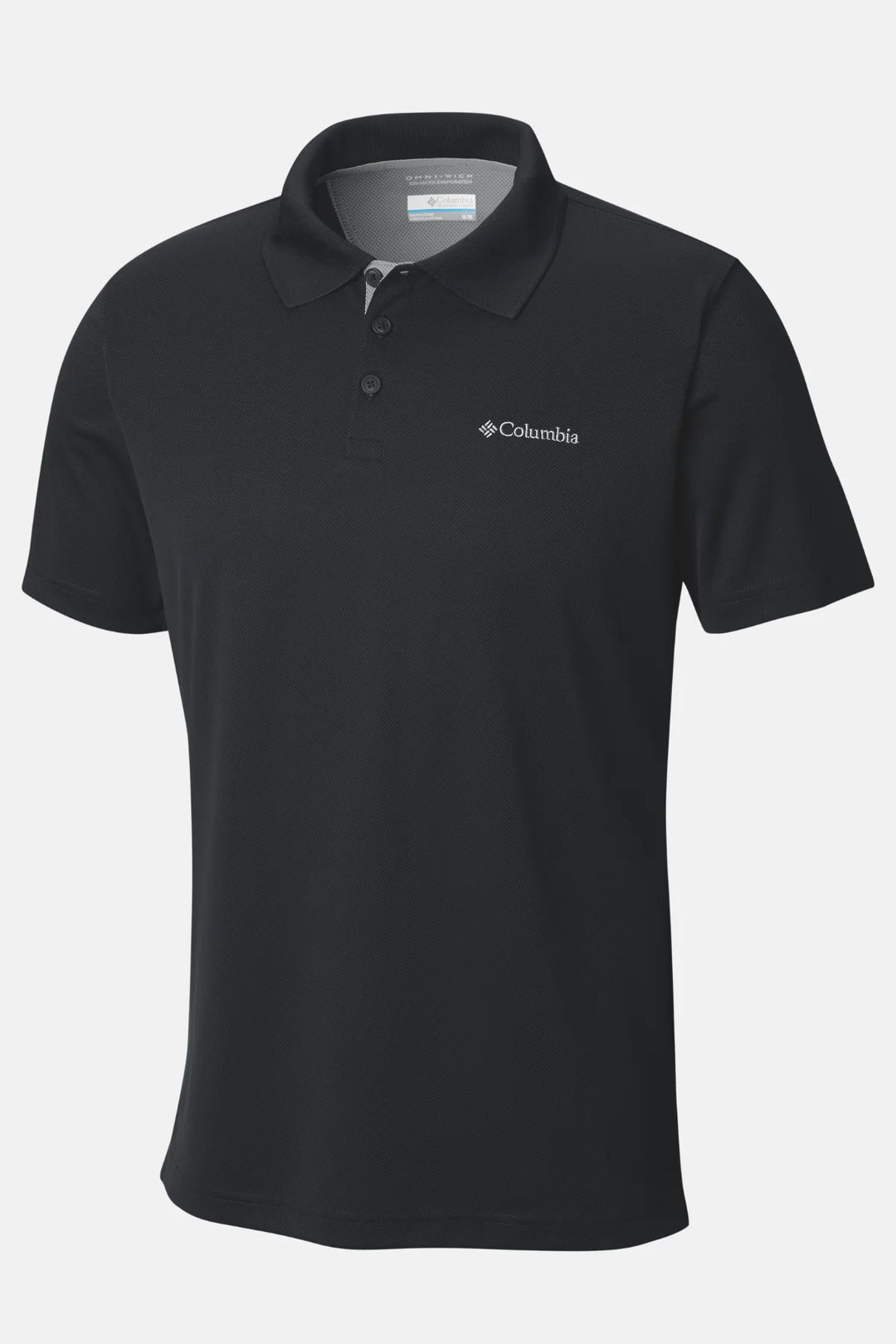 Black Columbia polo shirt with buttoned collar and embroidered chest logo