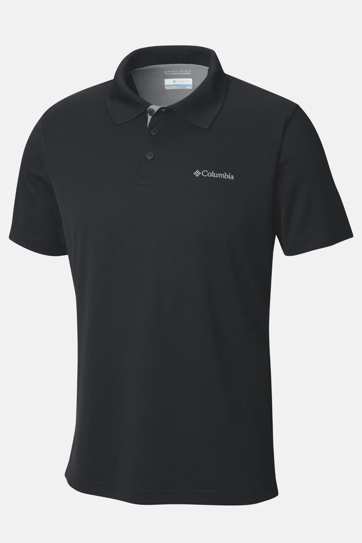 Black Columbia polo shirt with buttoned collar and embroidered chest logo