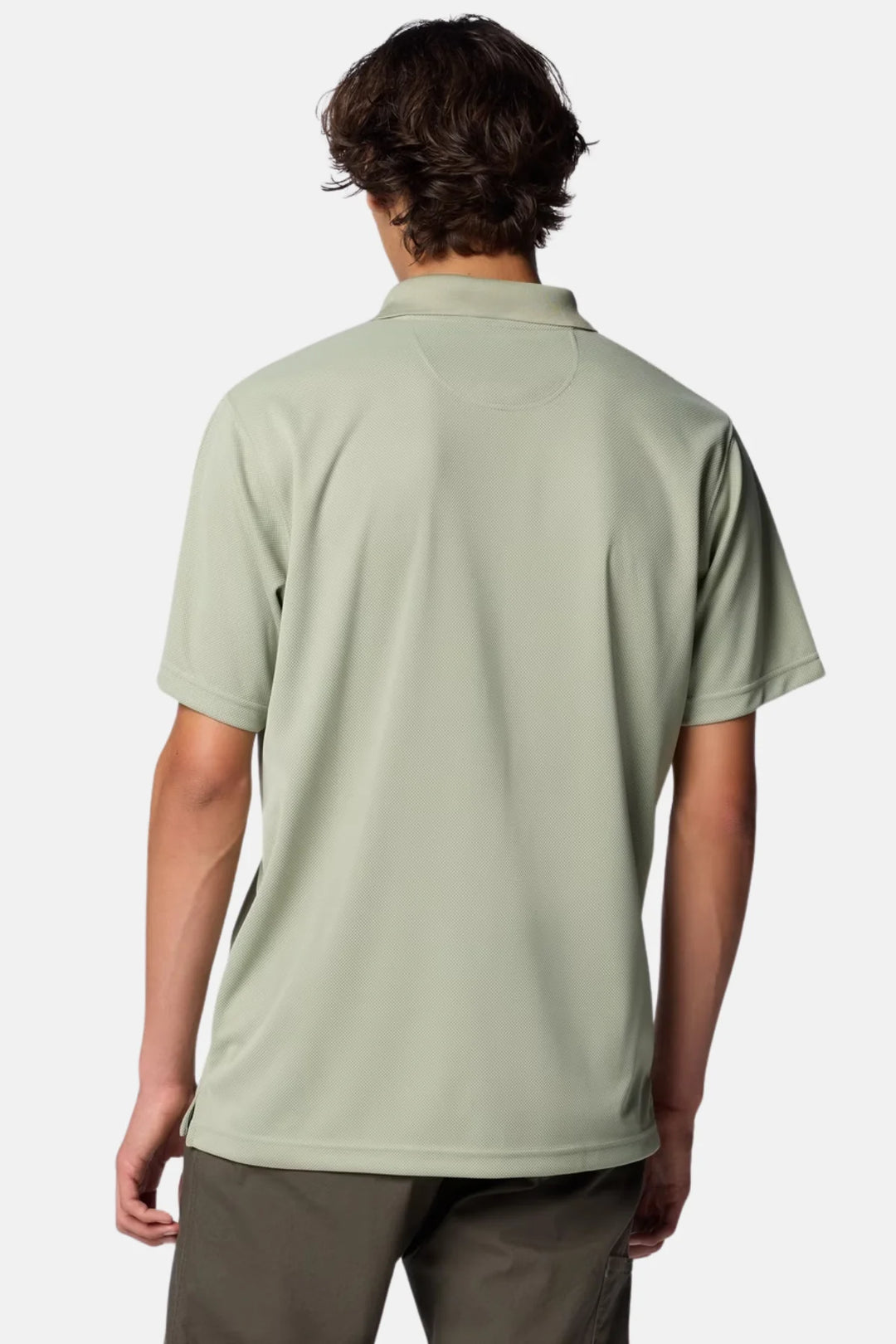 Sage green Columbia Utilizer polo shirt back view with short sleeves.