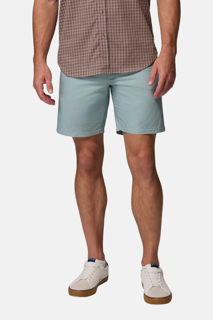 Men's light blue casual shorts with knee-length hem and front pockets