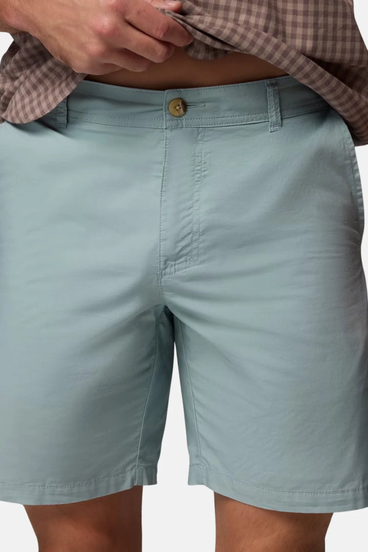 Men's light blue shorts with button waistband and zipper fly, close-up