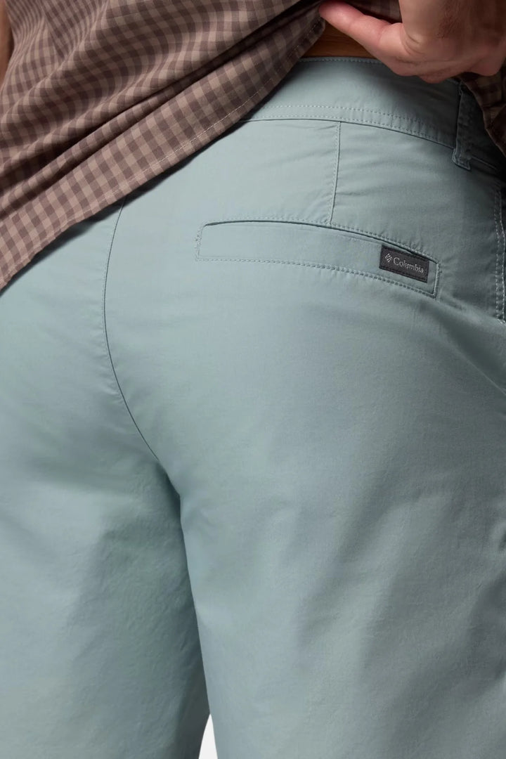 Men's light blue shorts showing interior waistband label and stitching