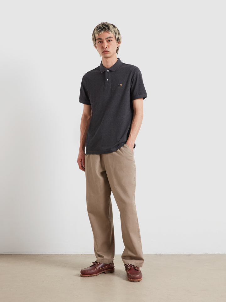 Washed black marl polo shirt, short sleeves, front logo on chest